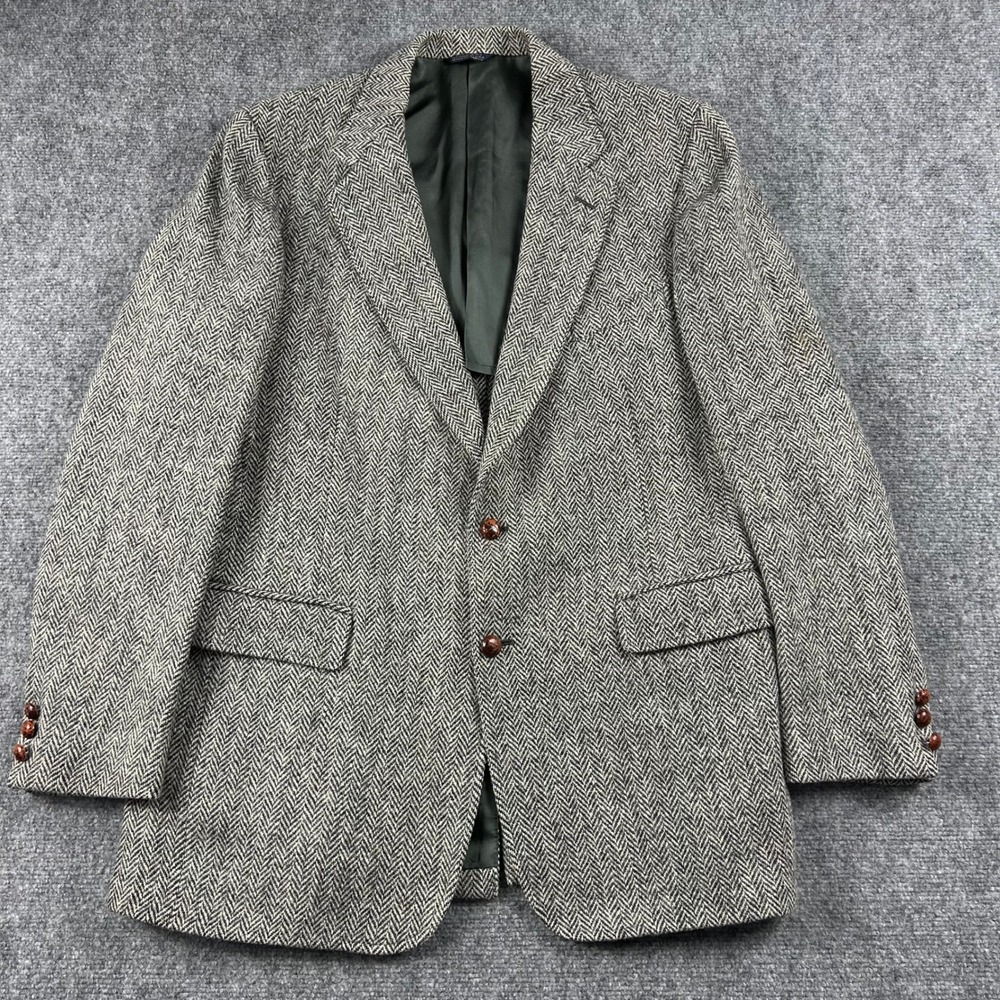 Cricketeer Sport Coat Mens 44 Grey Harris Tweed Herringbone‎ Wool Blazer Vintage